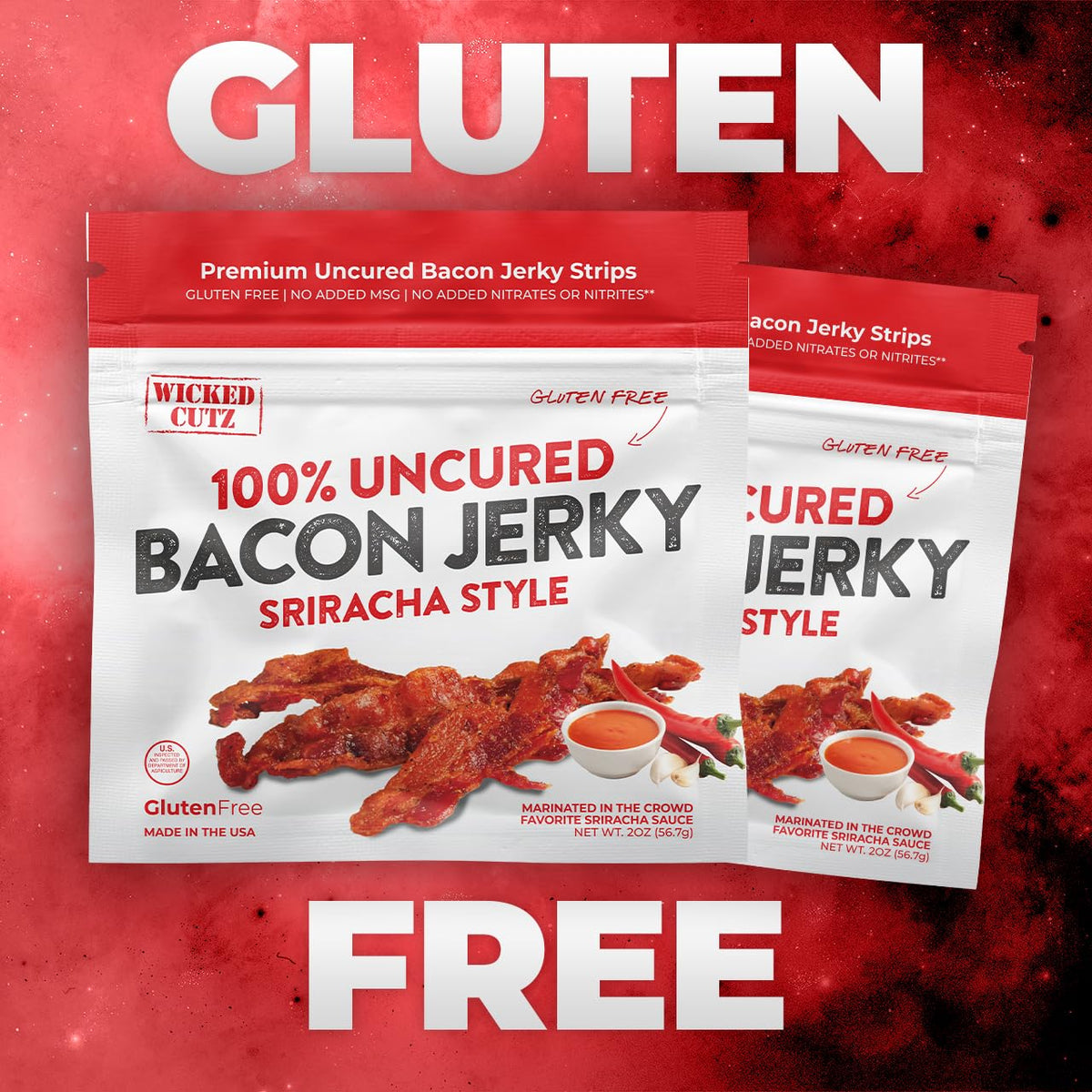 Two-bag display of Wicked Cutz Sriracha Bacon Jerky