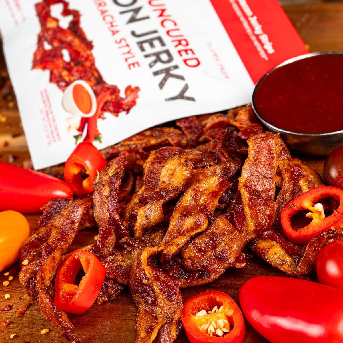 USA-made Wicked Cutz Sriracha Bacon Jerky label and ingredients