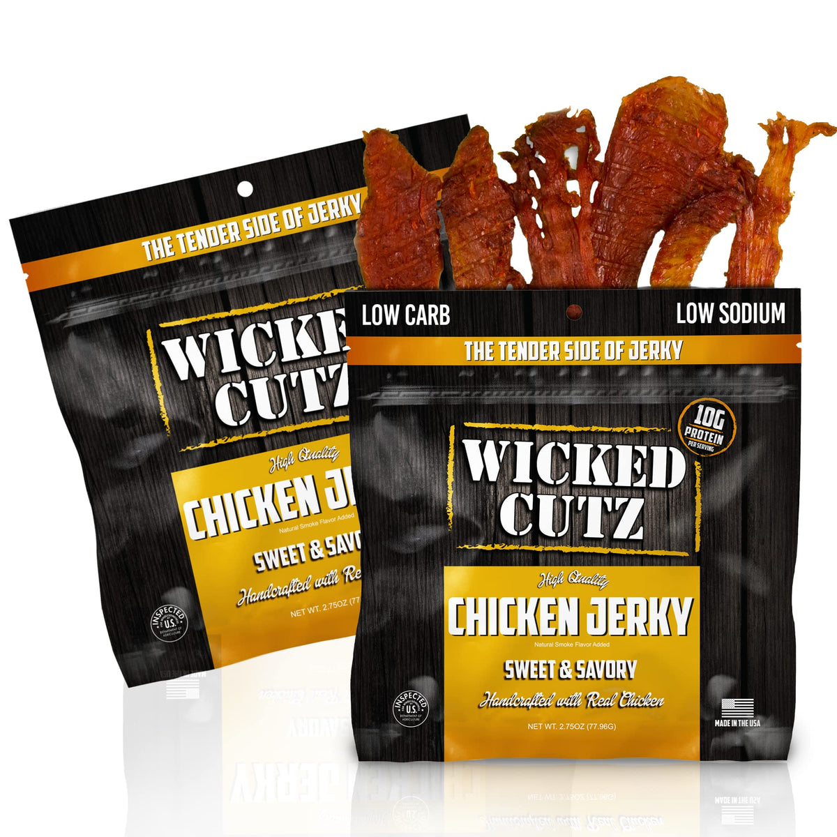 Wicked Cutz Sweet & Savory chicken jerky bag shows protein-packed snack on the go