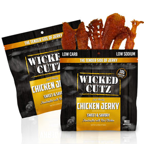 Wicked Cutz Sweet & Savory chicken jerky bag shows protein-packed snack on the go