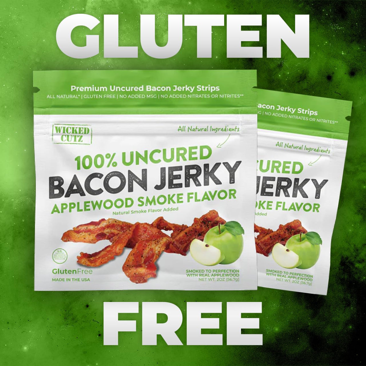 Wicked Cutz Tender & Juicy bacon jerky close-up, balanced chew.