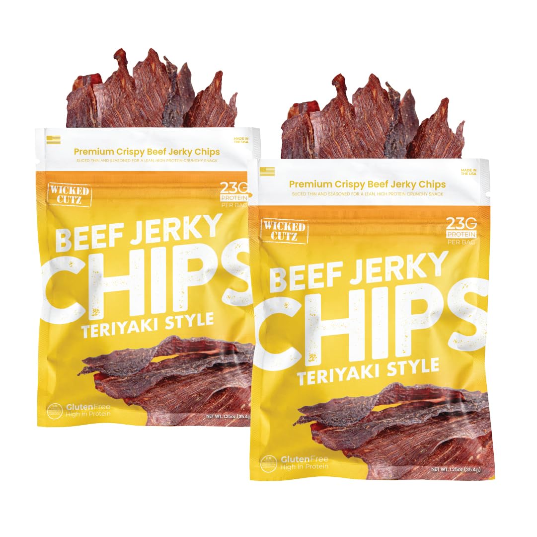 Wicked Cutz Teriyaki Beef Jerky Chips bag front, high-protein snack for on-the-go.
