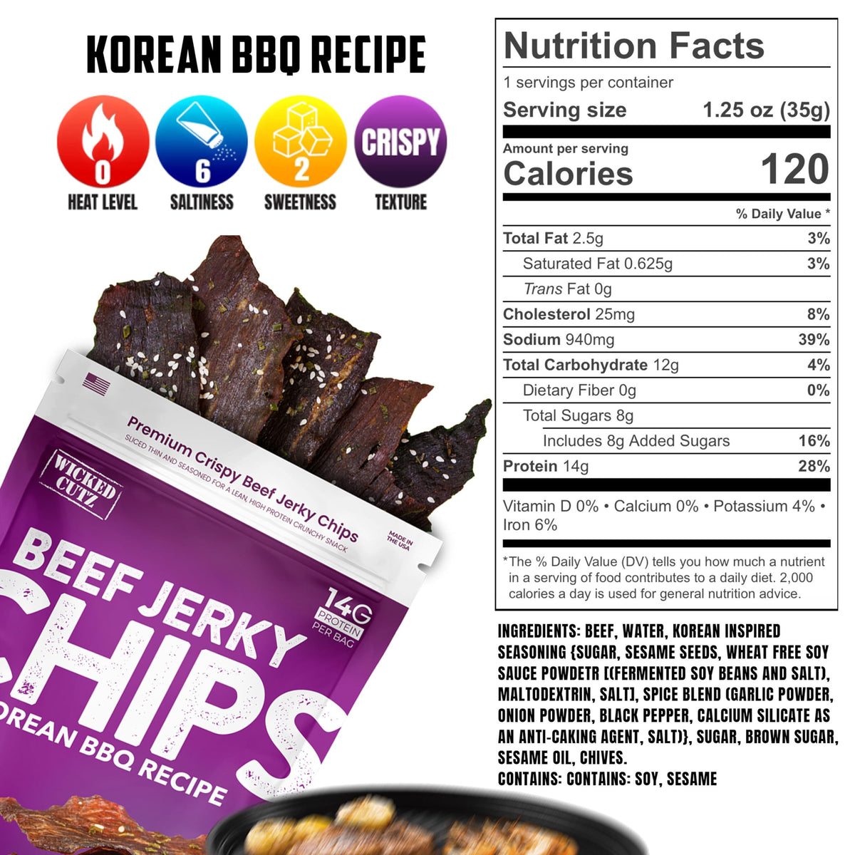 USA-made Wicked Cutz beef jerky chips packaging highlights quality.