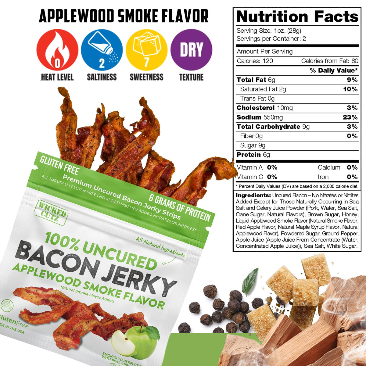 Wicked Cutz USA-made Bacon Jerky packaging with label, protein-rich.