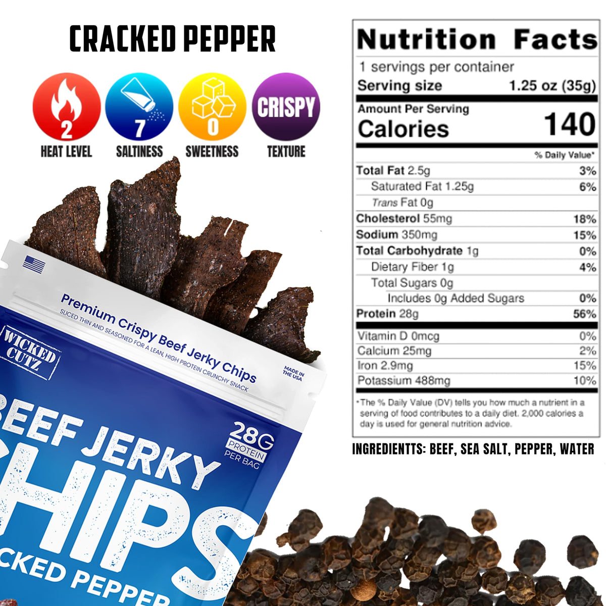 Wicked Cutz USA-made beef jerky chips on the shelf, clean ingredients for mindful snacking.