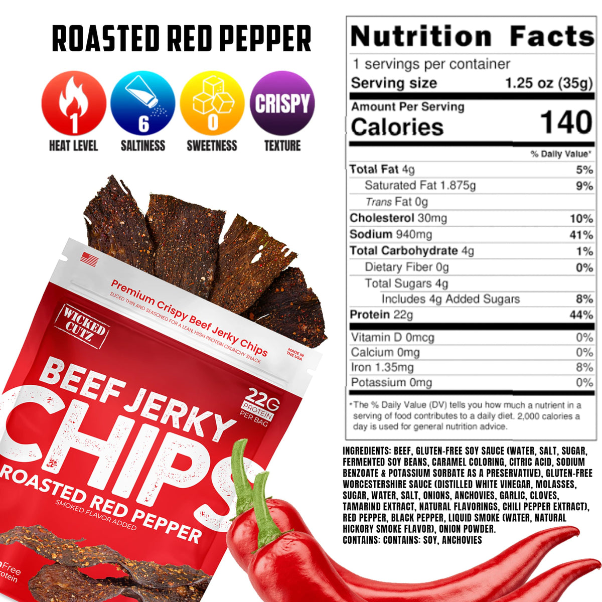 Wicked Cutz USA-made beef jerky chips crafted with quality ingredients.