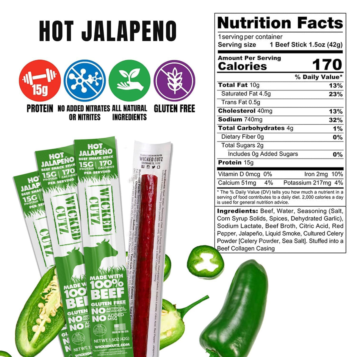 Wicked Cutz USA-made beef stick label: nitrate-free and gluten-free for clean snacking