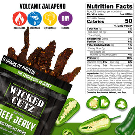 Wicked Cutz Volcanic Jalapeño jerky nutrition label highlighting 27g protein