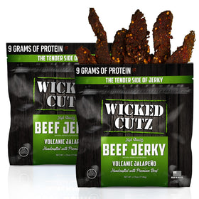 Wicked Cutz Volcanic Jalapeño beef jerky close-up, protein power for workouts