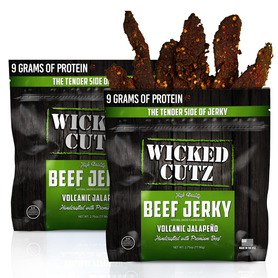 Wicked Cutz Volcanic Jalapeño beef jerky close-up, protein power for workouts