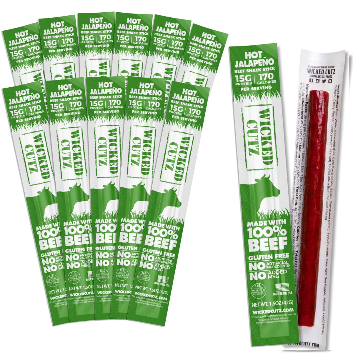 Wicked Cutz Volcanic Jalapeno beef stick unwrap: juicy, tender bite for on-the-go snacks