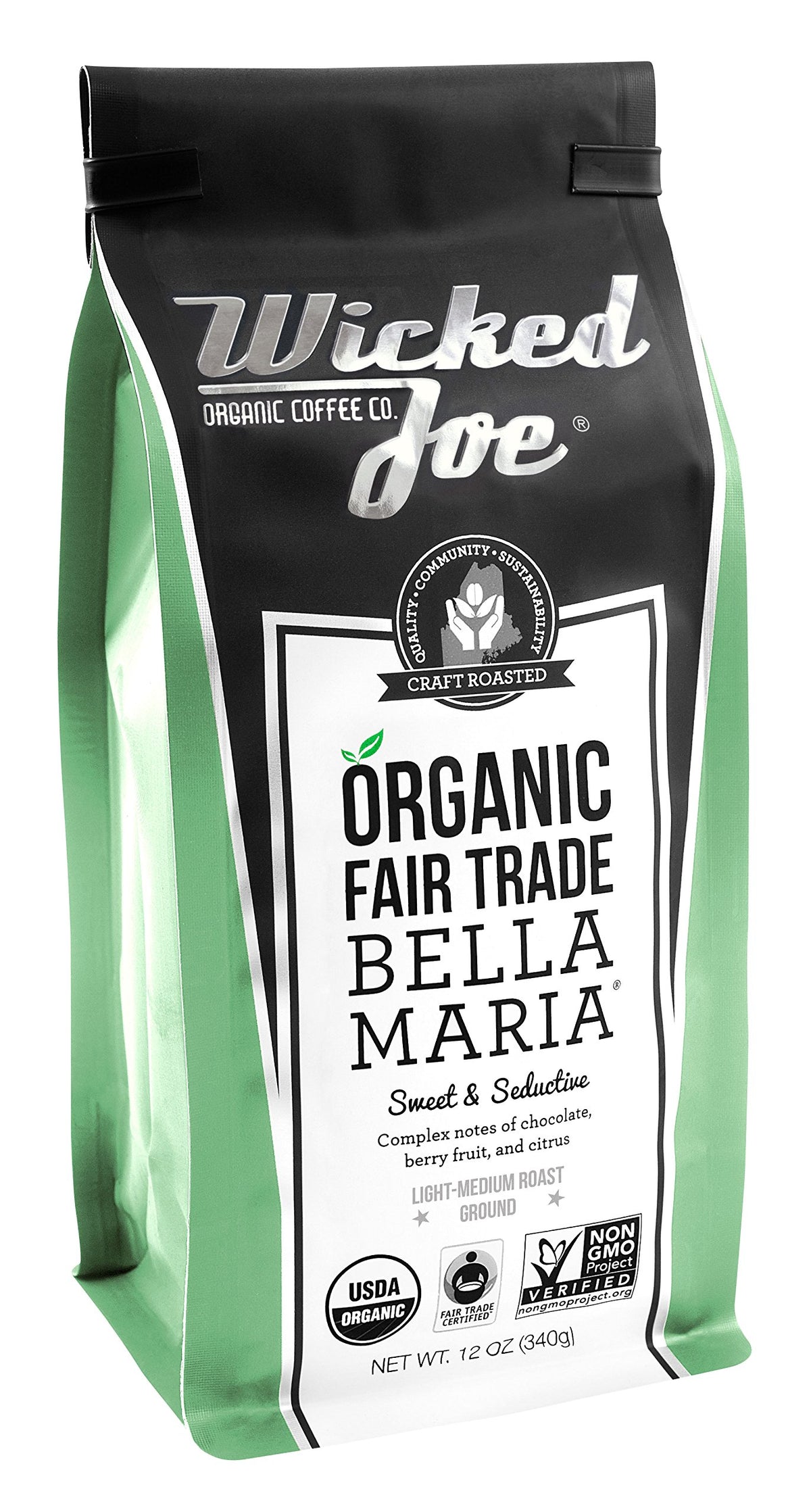 Wicked Joe Bella Maria ground coffee in 12 oz bag with light green packaging, ideal for everyday brew