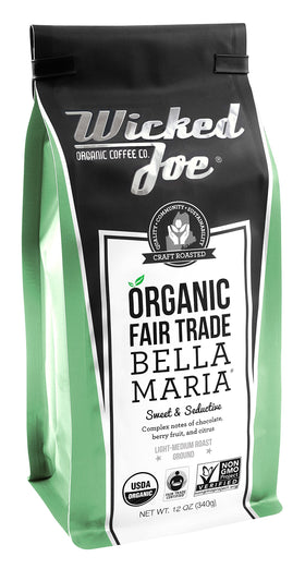 Wicked Joe Bella Maria ground coffee in 12 oz bag with light green packaging, ideal for everyday brew