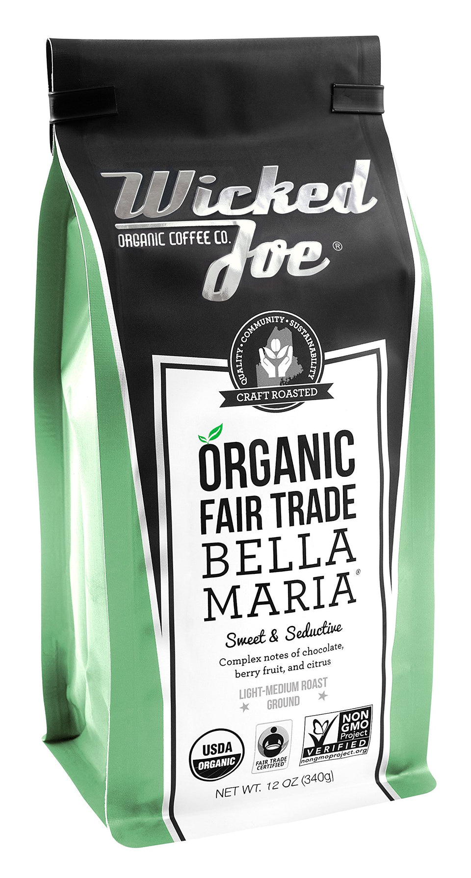Wicked Joe Bella Maria ground coffee in 12 oz bag with light green packaging, ideal for everyday brew