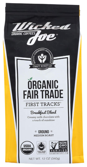 Wicked Joe Breakfast Blend ground coffee packshot on yellow packaging, ideal for a bright morning