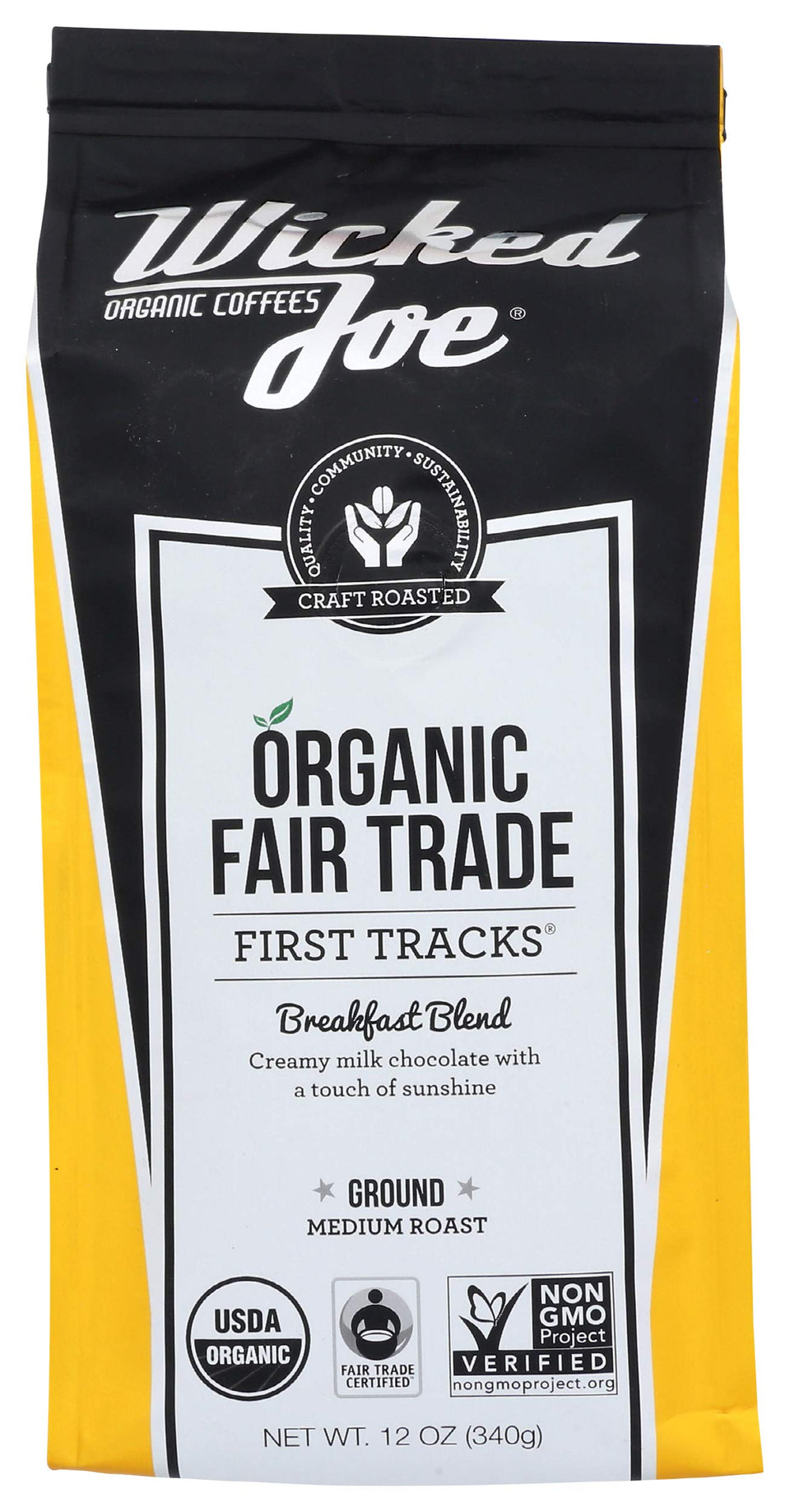 Wicked Joe Breakfast Blend ground coffee packshot on yellow packaging, ideal for a bright morning