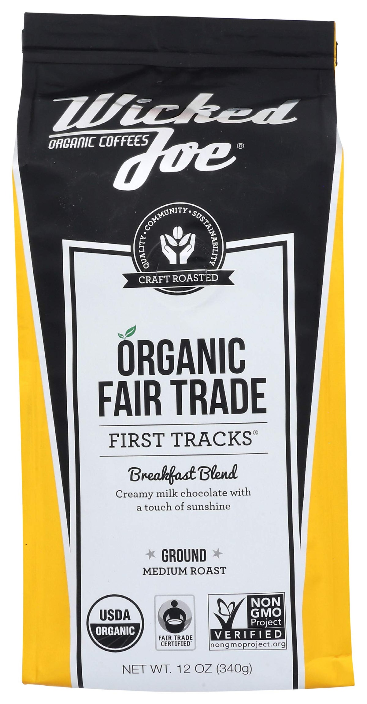 Wicked Joe Breakfast Blend ground coffee packshot on yellow packaging, ideal for a bright morning