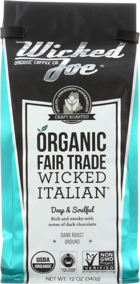 Wicked Joe Organic Italian Ground cup image highlighting deep, smoky notes ideal for afternoon rituals.