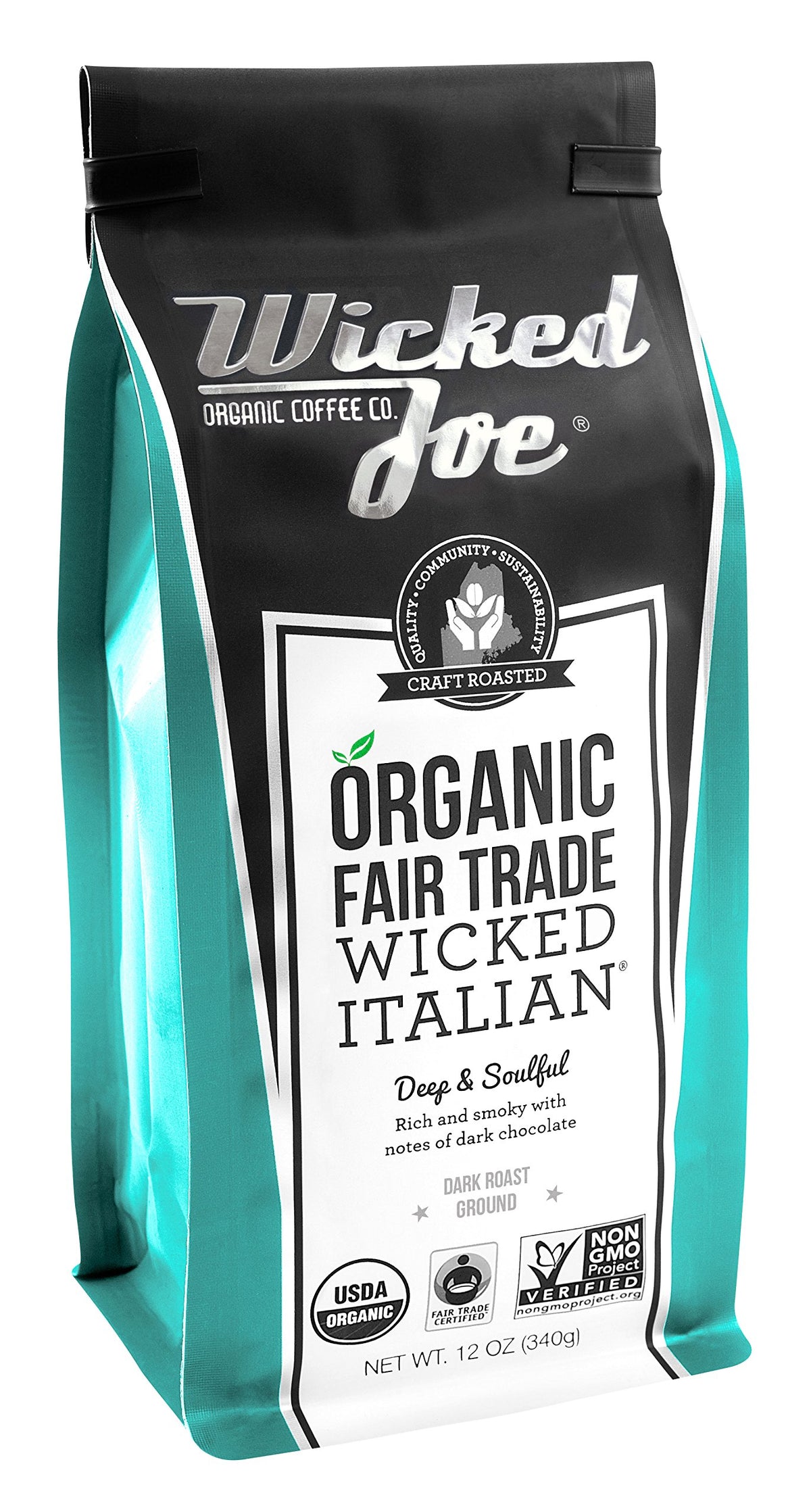 Wicked Joe Organic Italian Ground coffee pack showcasing premium beans for rich aroma.