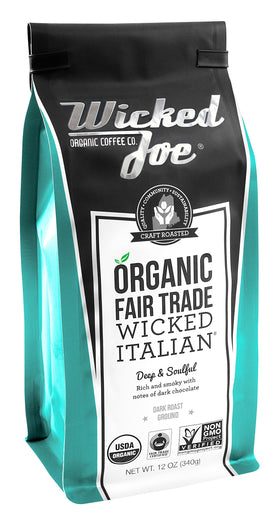 Wicked Joe Organic Italian Ground coffee pack showcasing premium beans for rich aroma.