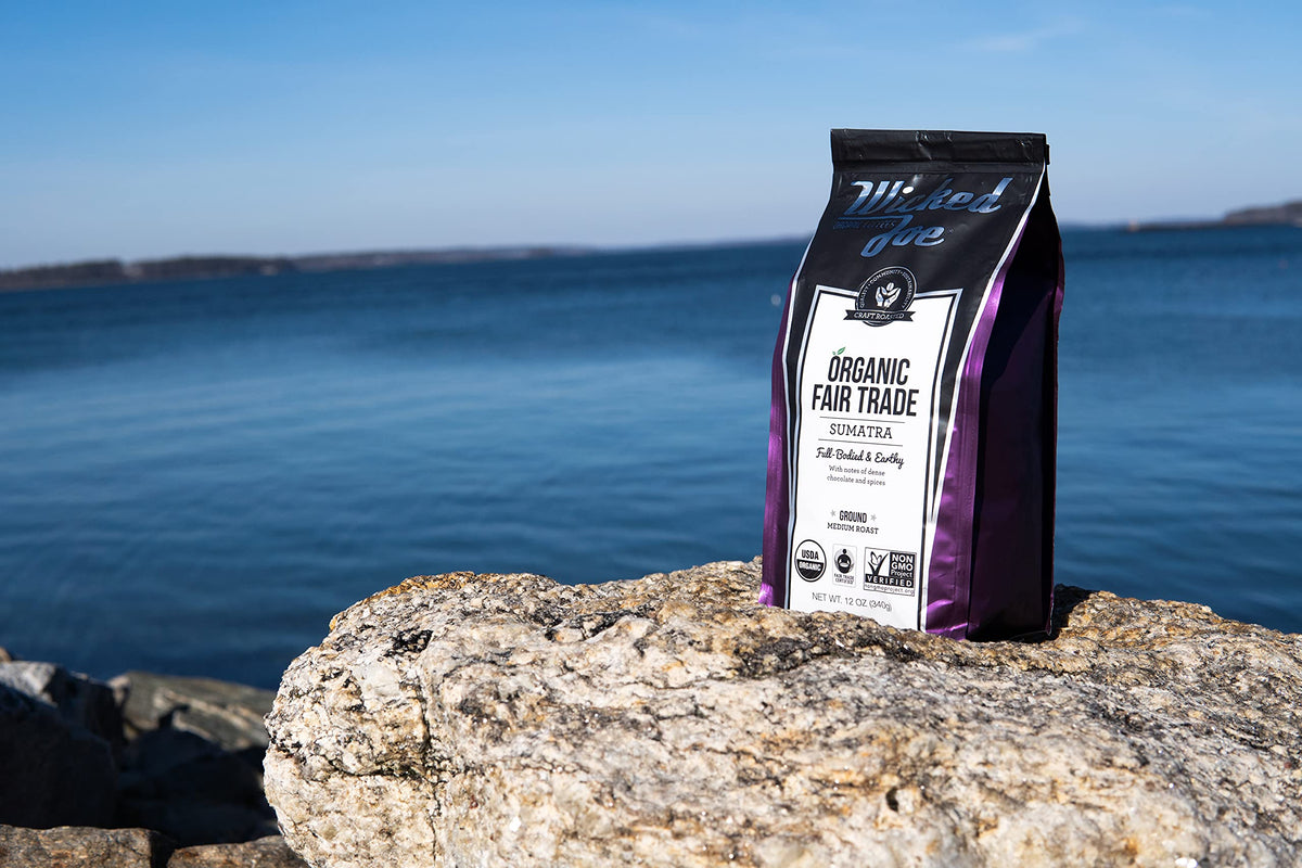 Wicked Joe Sumatra ground coffee brewed cup, rich with chocolate and spice.