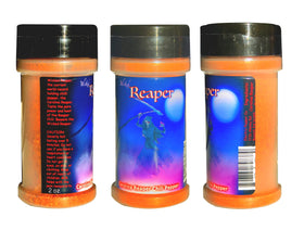 Wicked Reaper Carolina Reaper powder bottle close-up for sizzling chili recipes.