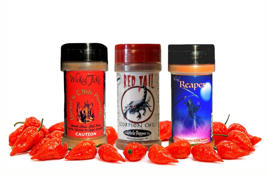 Wicked Reaper ghost chili powder bottle close-up for sauces and spice enthusiasts.