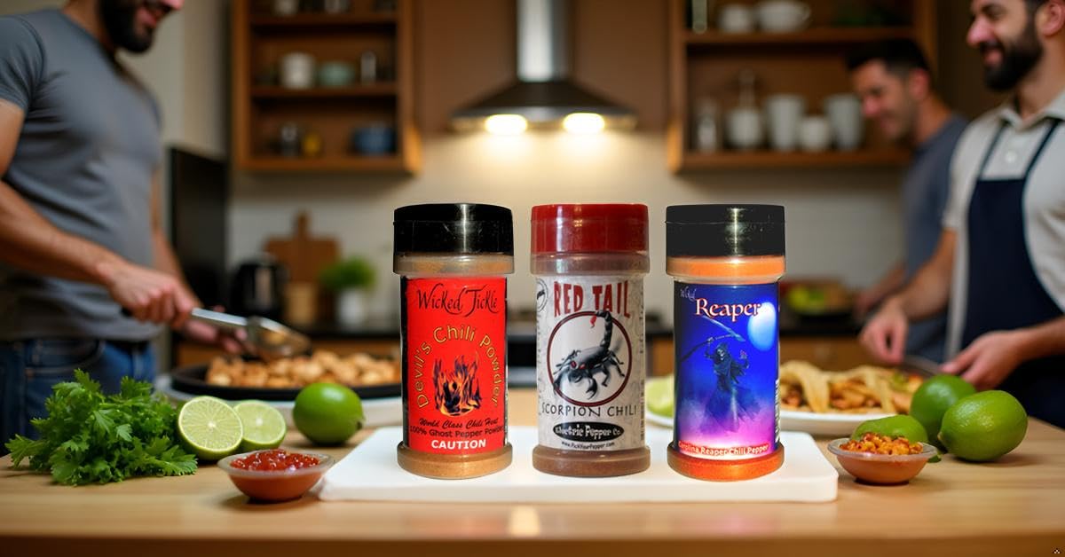 Wicked Reaper scorpion chili powder bottle close-up ideal for bold rubs.