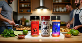 Wicked Reaper scorpion chili powder bottle close-up ideal for bold rubs.