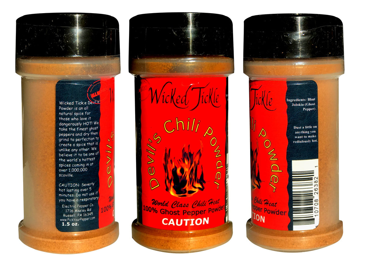 Wicked Reaper scorpion chili powder label close-up showing premium packaging.