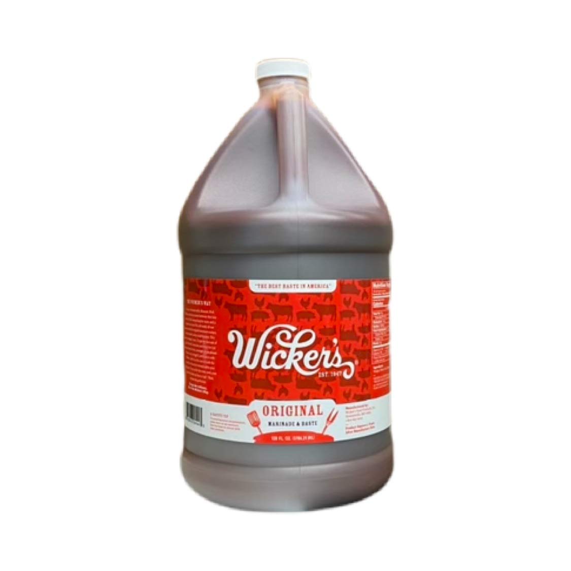 Wicker's Marinade Original 1 Gal bottle front view for easy flavoring of grilled meats.