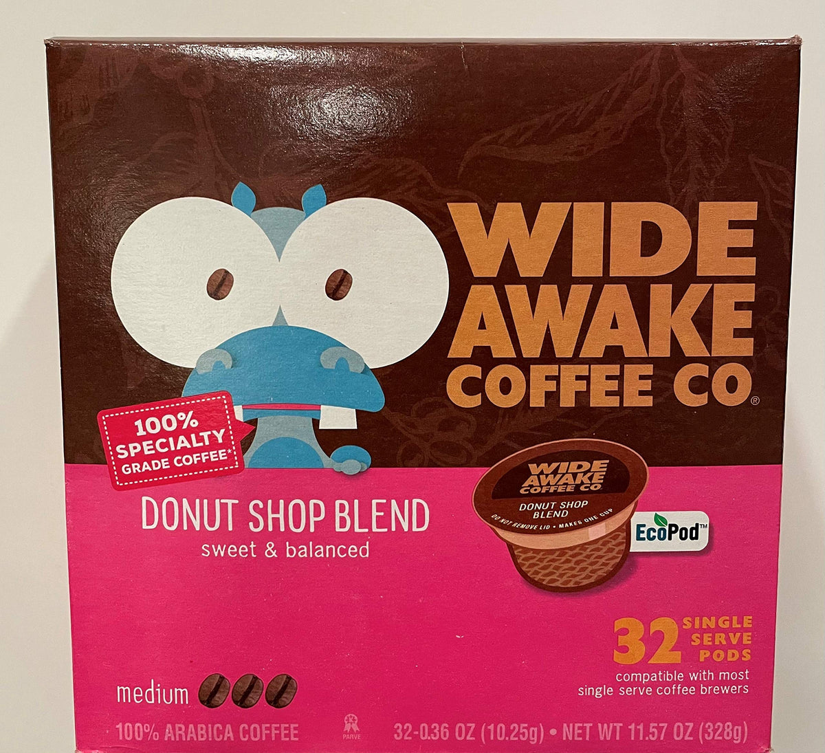Wide Awake Coffee Co Donut Shop Blend pod for brewing with bakery-inspired aroma.