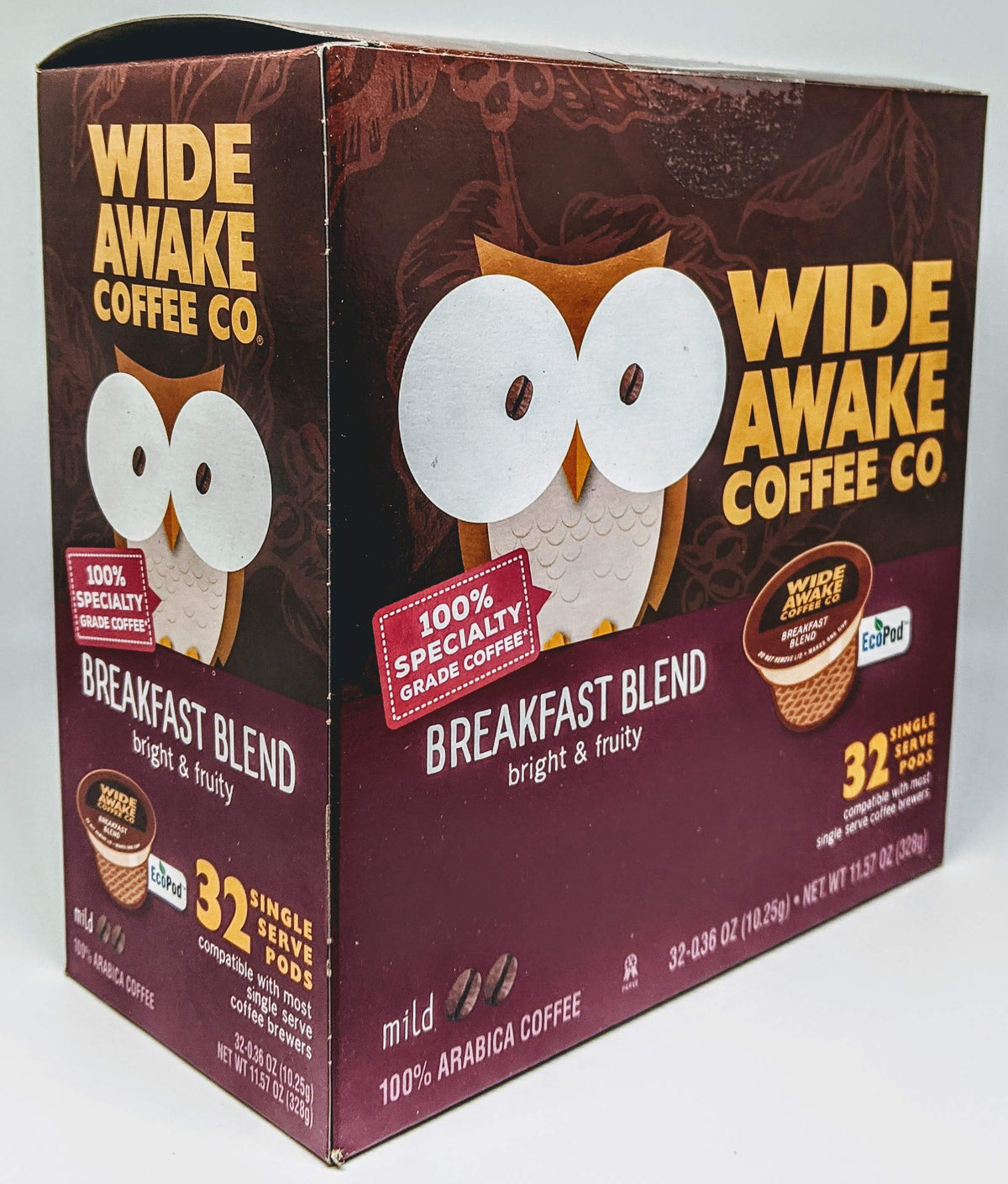 Wide Awake Coffee Breakfast Blend pod closeup with label and mild roast
