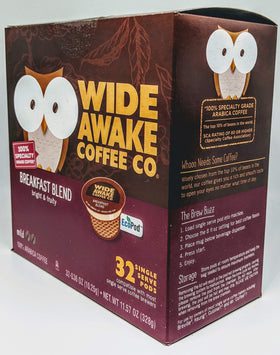 Wide Awake Coffee Breakfast Blend pod on shelf ready for single-serve use