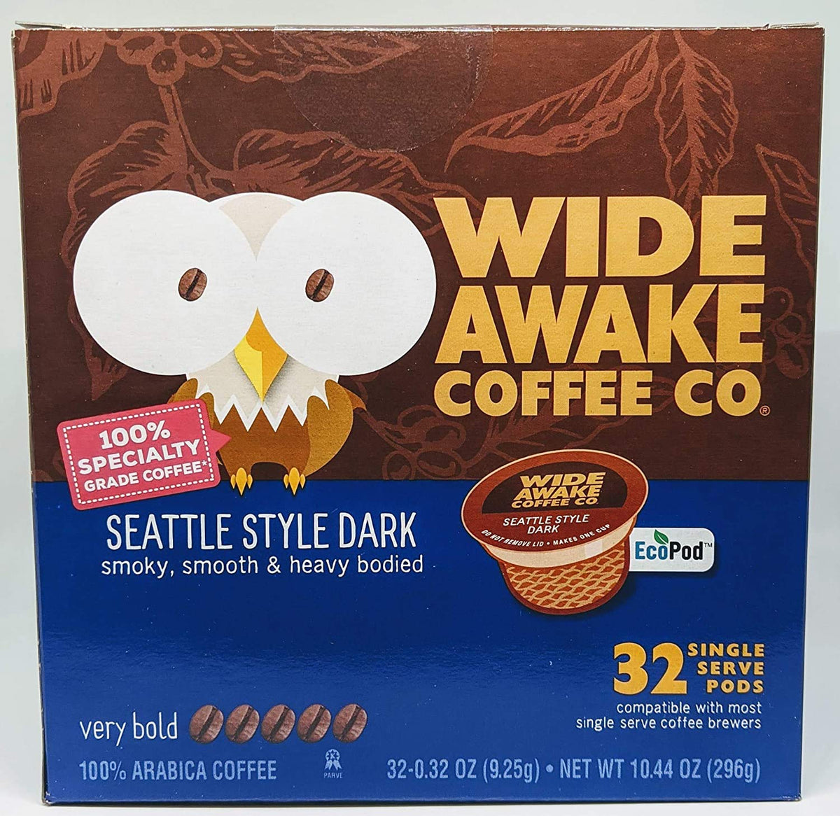 Wide Awake Coffee Seattle Style dark single-serve cups, 32-count box, ideal for quick brews.