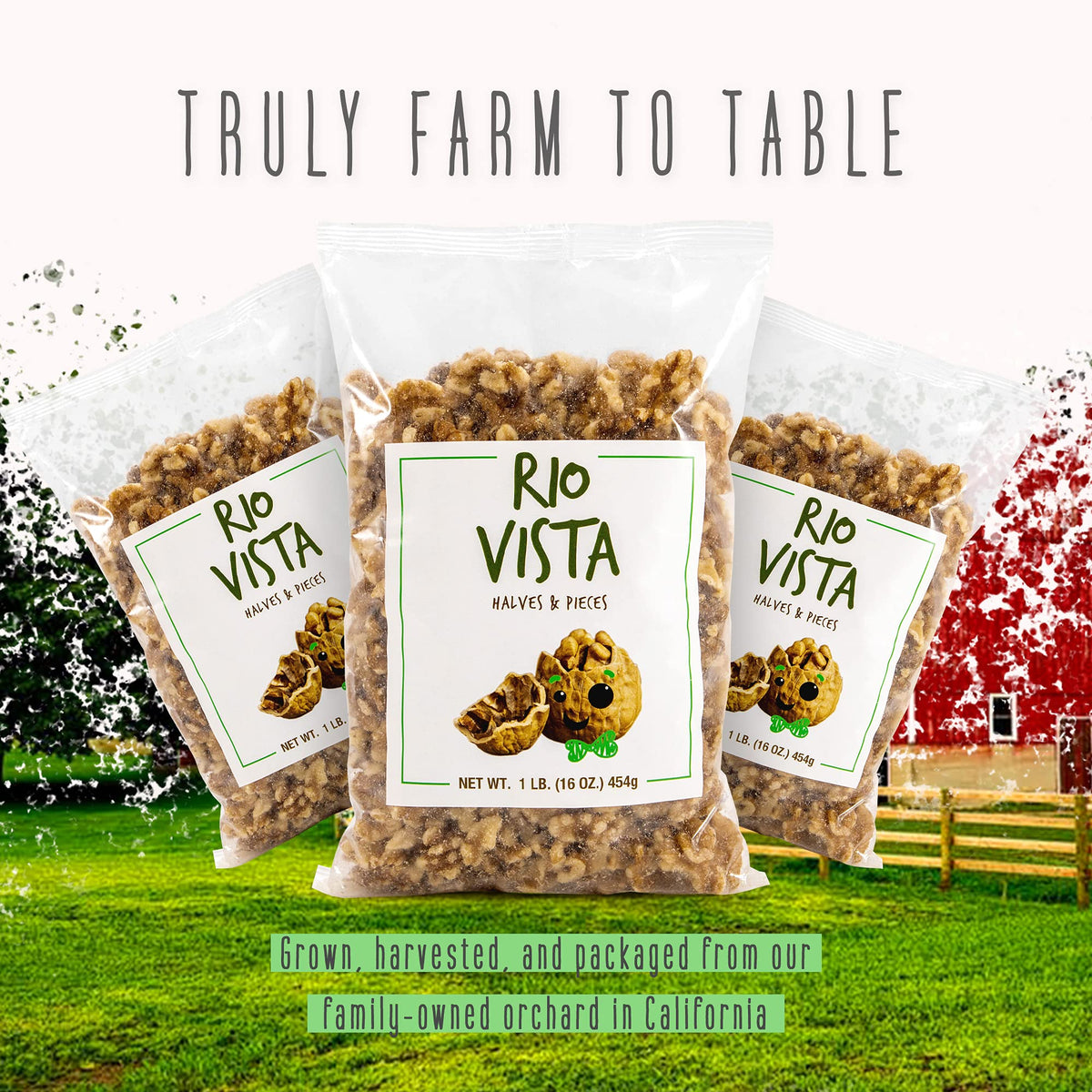 Unsalted walnut pieces from Wilbur Packing for snacking and cooking.