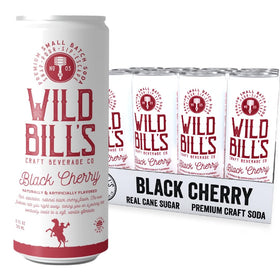 Wild Bill's Black Cherry Soda bottle showcases rich cherry flavor using pure cane sugar.