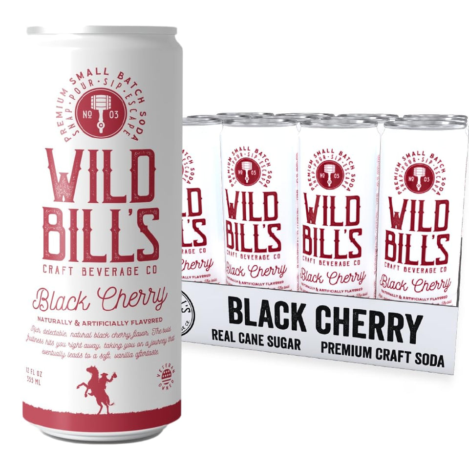 Wild Bill's Black Cherry Soda bottle showcases rich cherry flavor using pure cane sugar.