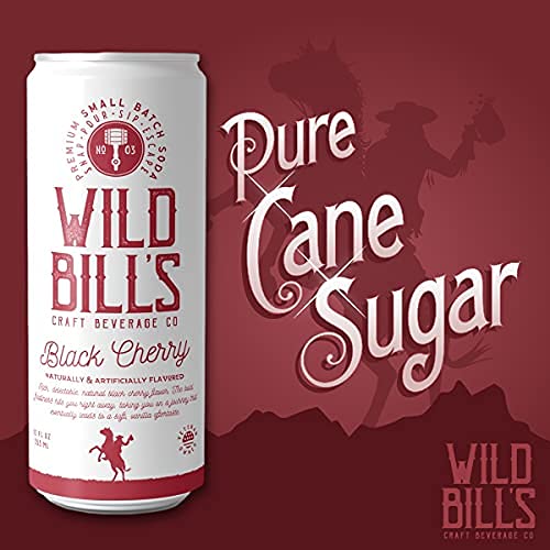 Wild Bill's Black Cherry Soda label closeup emphasizes pure cane sugar and vegan recipe.