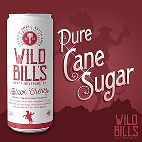 Wild Bill's Black Cherry Soda label closeup emphasizes pure cane sugar and vegan recipe.