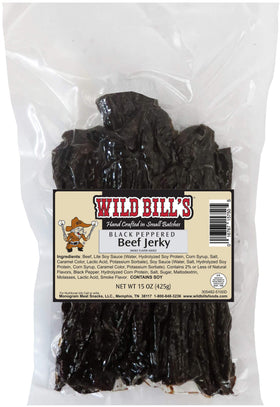 Wild Bill's Black Peppered Beef Jerky Strips in bag, savory premium snack.