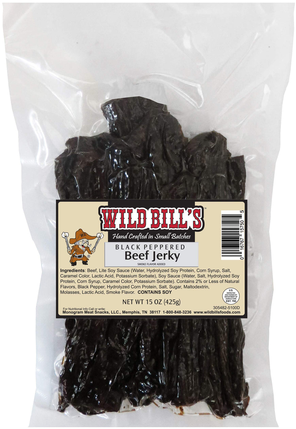 Wild Bill's Black Peppered Beef Jerky Strips in bag, savory premium snack.