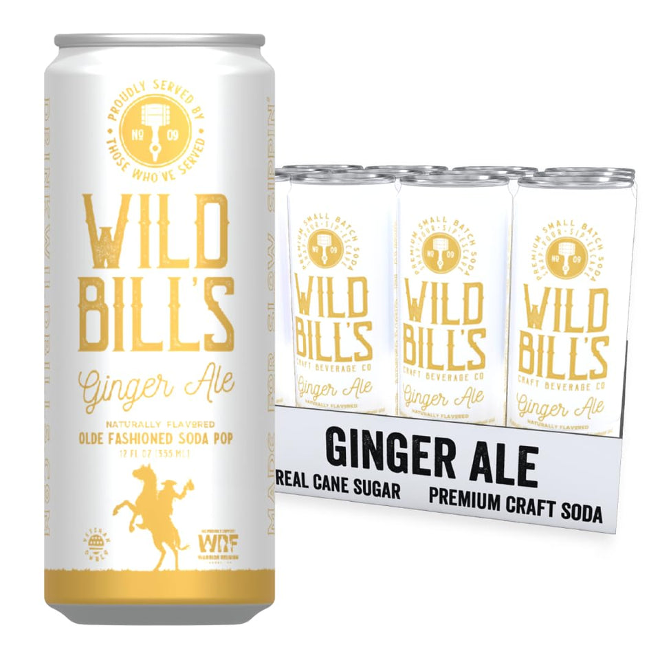 Wild Bill's Ginger Ale can front view, showcasing classic craft flavor with cane sugar.