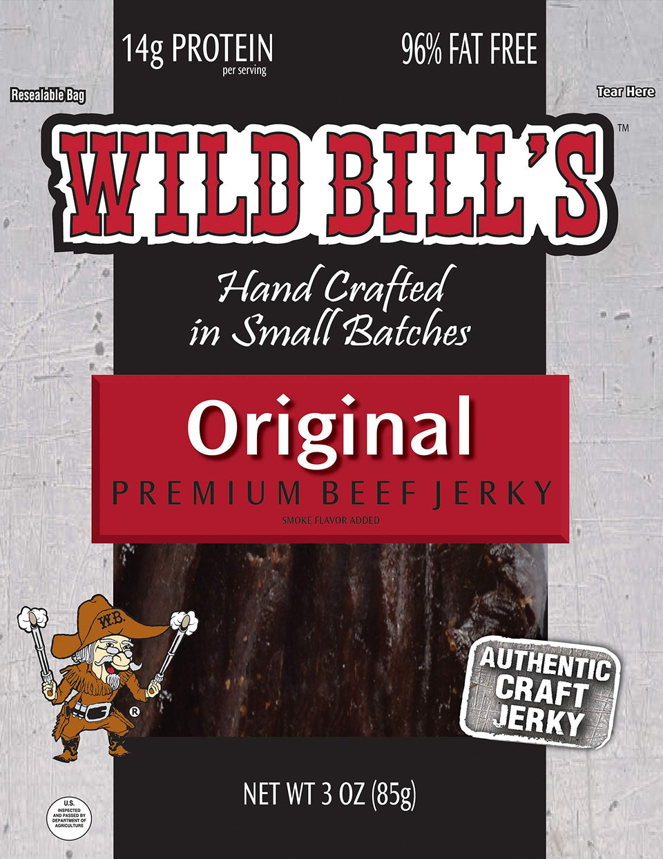 Wild Bill's Hickory Smoked Beef Jerky 3oz pack with resealable pouches for travel protein.