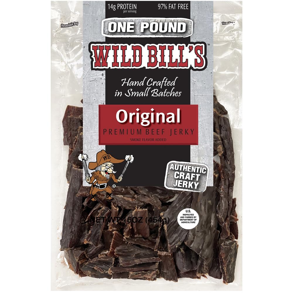 Wild Bill's Hickory Smoked Beef Jerky Pieces in a 16oz bag for premium snacking