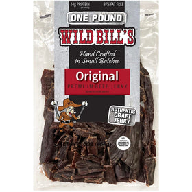 Wild Bill's Hickory Smoked Beef Jerky Pieces in a 16oz bag for premium snacking