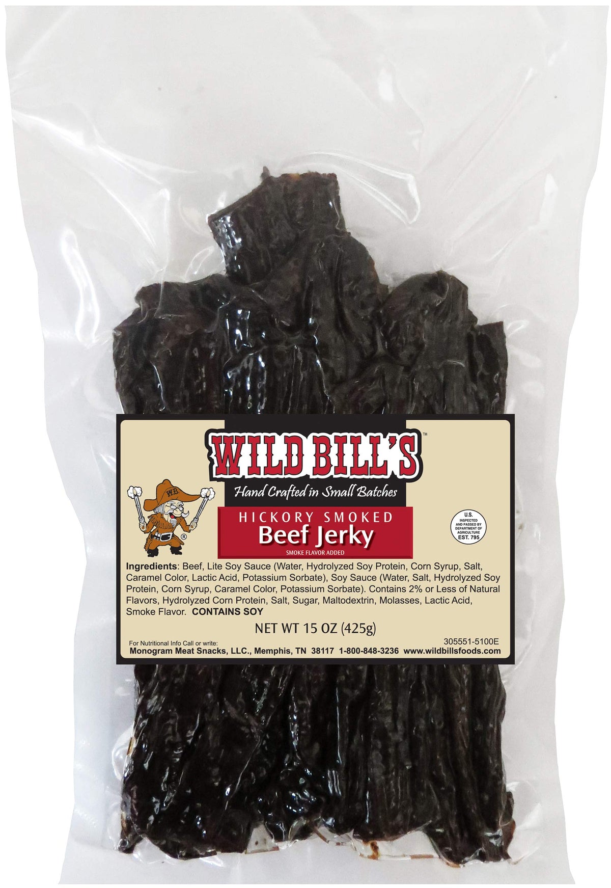Wild Bill's Hickory Smoked Beef Jerky Strips packaging, premium snack option for on the go meals