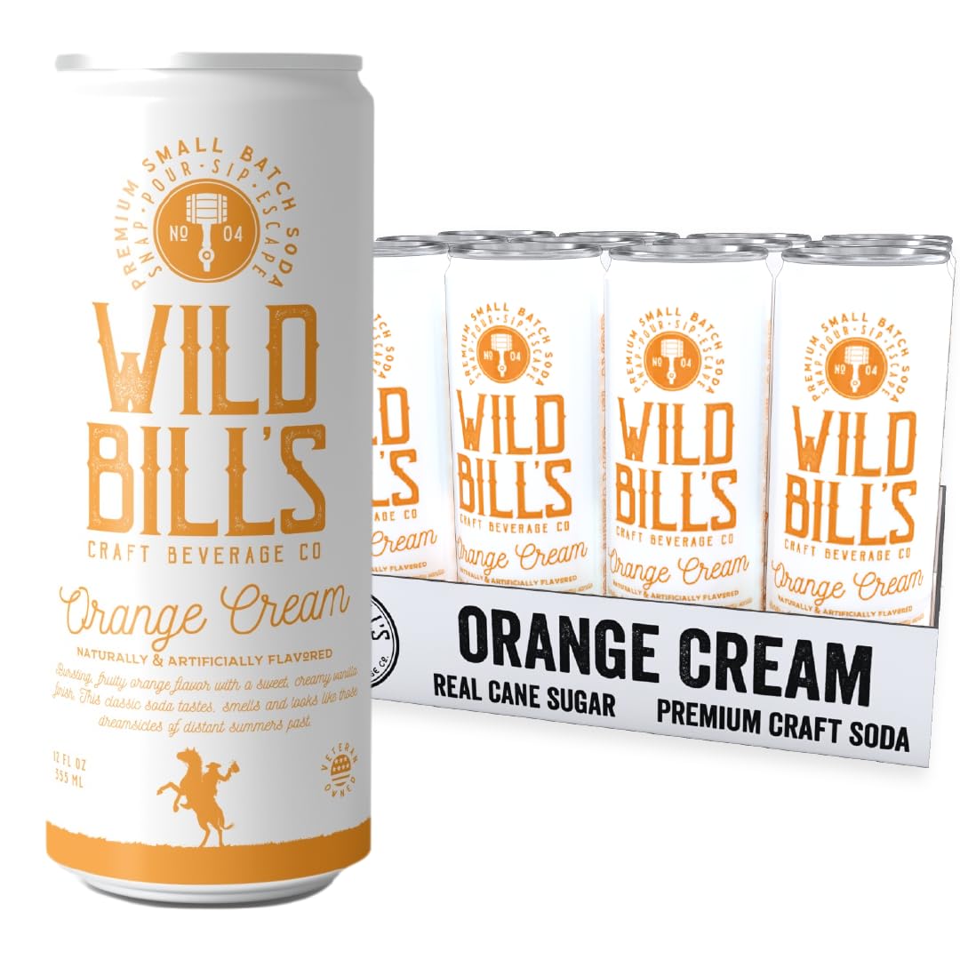 Wild Bill's Orange Cream Soda 12-pack with vibrant label, ideal for gatherings.