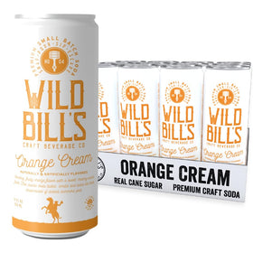Wild Bill's Orange Cream Soda 12-pack with vibrant label, ideal for gatherings.