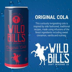 Wild Bill's Original Cola bottle being poured, hints of cinnamon and vanilla — ideal with burgers.